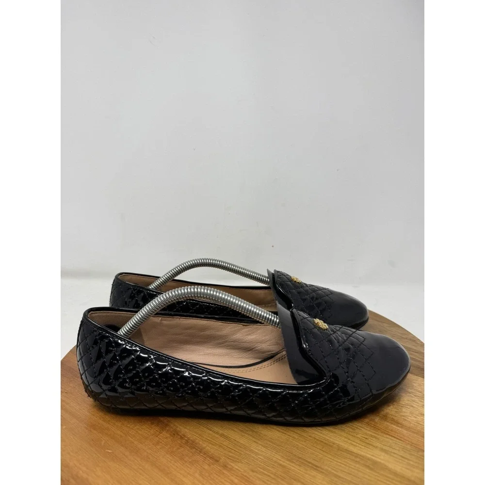 Tory Burch Black Quilted Patent Leather Loafers Gold Logo Flats Size 7M Brazil